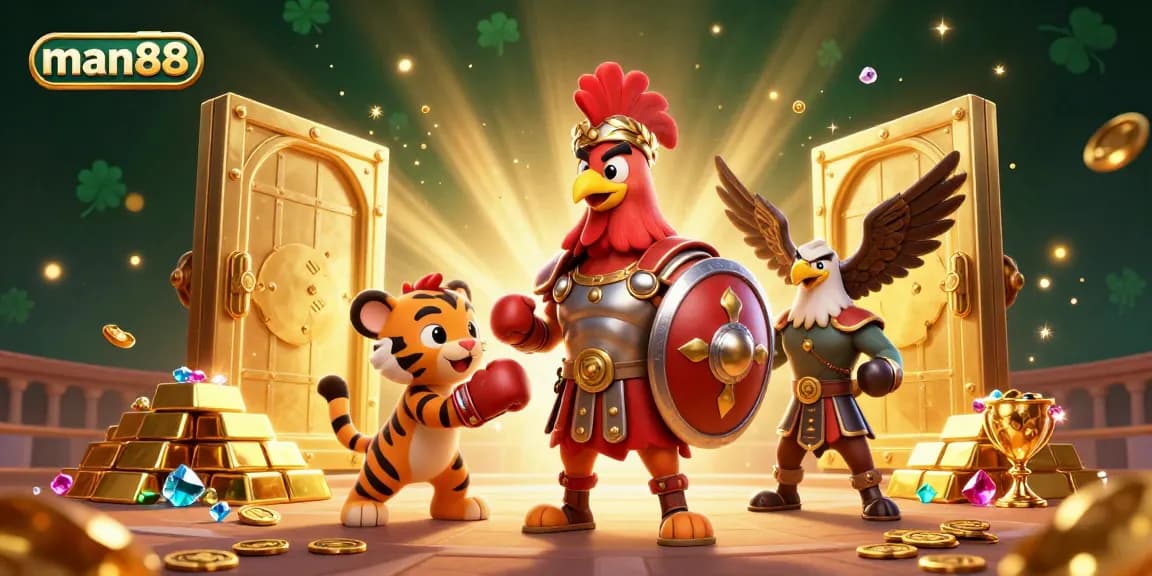 Bet on man88 and enjoy thrilling casino experiences with a vibrant, 3D gladiator scene.