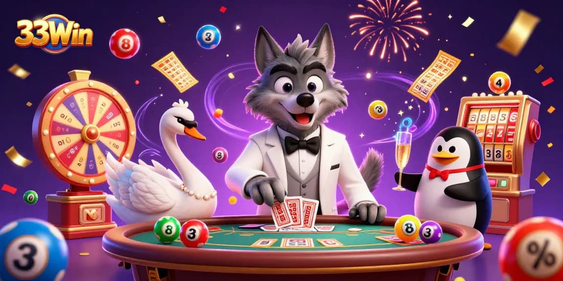 Capture thrilling moments at 33Win with vibrant lottery balls, cards, and festive elements in a lively casino scene.