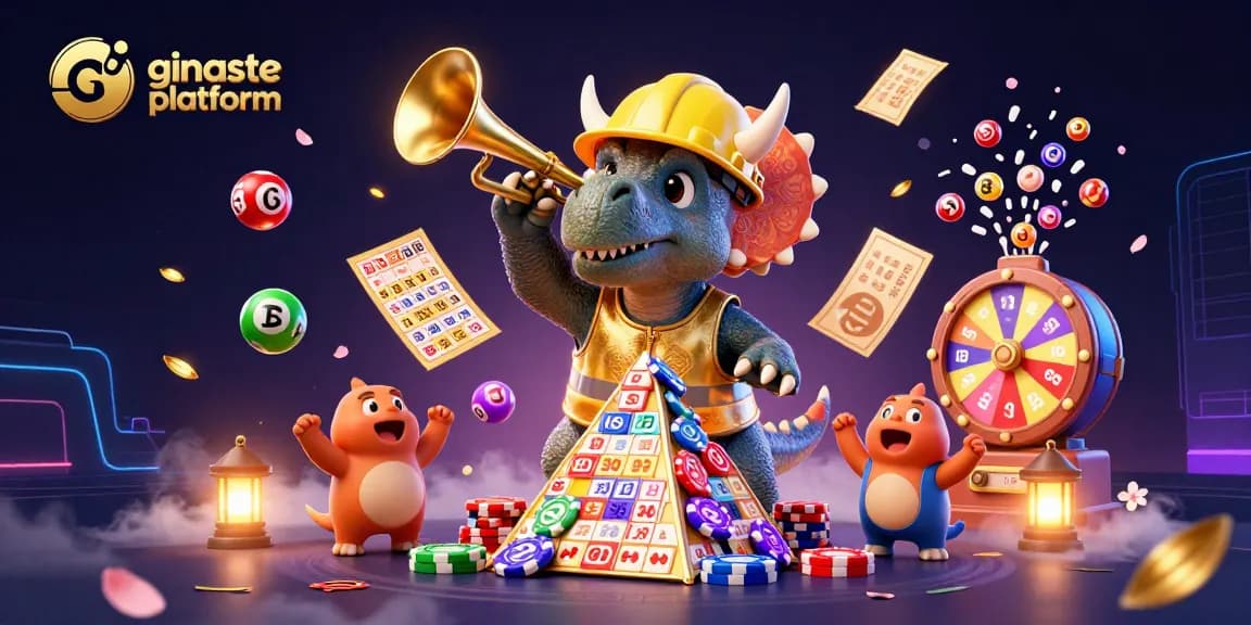 Exciting scene celebrating the ginaste platform with dynamic lottery elements and cheerful characters.