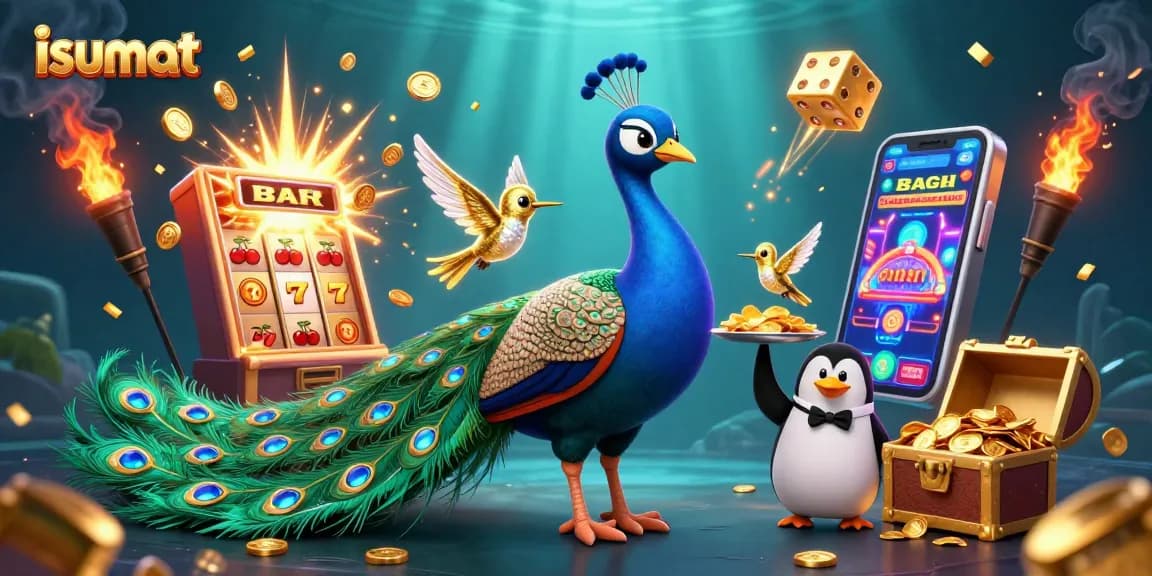 Engage in the vibrant world of isumat with lively characters and dynamic casino elements in this stunning 3D digital illustration.