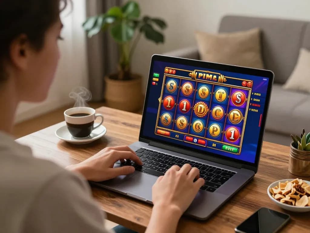Sapporo-dogscafe user enjoying an online slot game on a cozy home setup, showcasing engaging gameplay.