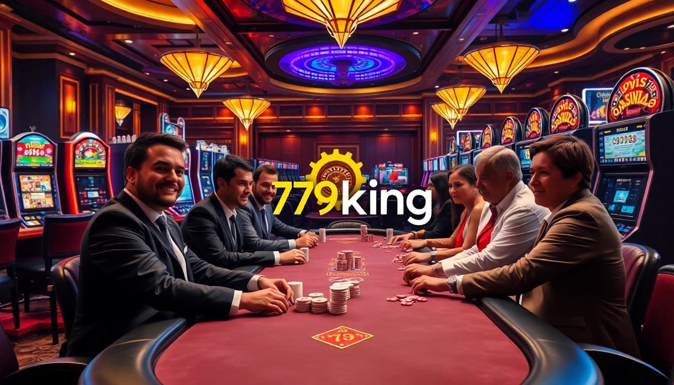 Gamblers enjoying a thrilling moment at a 79king casino table surrounded by slot machines.