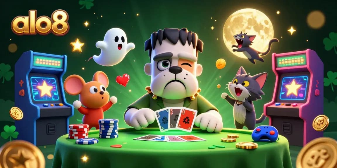 alo8 captivates players with a lively casino scene featuring a cartoon bulldog dealer, adding excitement to gaming.