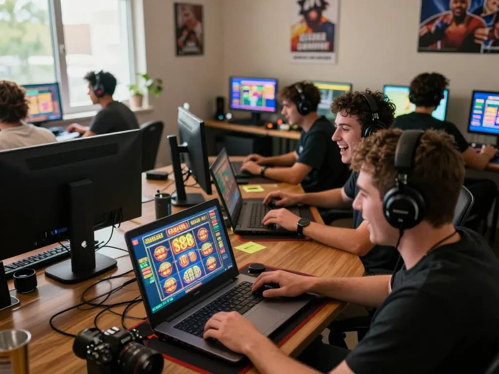 Player enjoying sc88 game on laptop in a vibrant online casino setting, radiating excitement through strategy and engagement.
