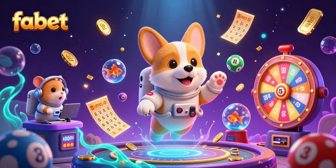 Engage with fabet's dynamic space casino experience featuring playful characters and vibrant lottery elements.