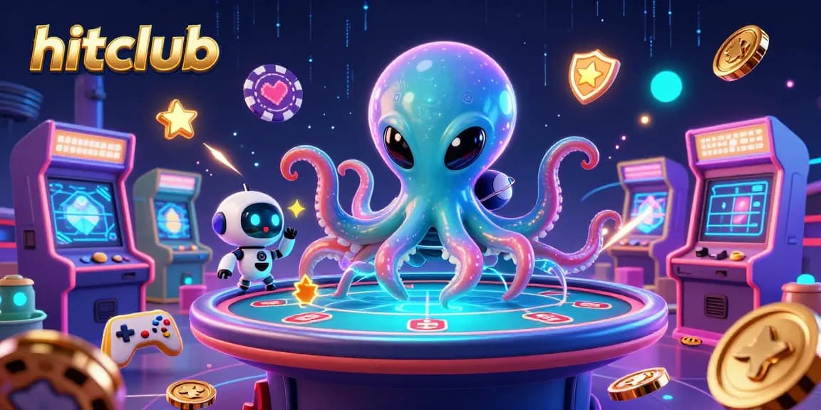 hitclub aliens play poker in a vibrant casino scene with bright arcade machines and floating chips