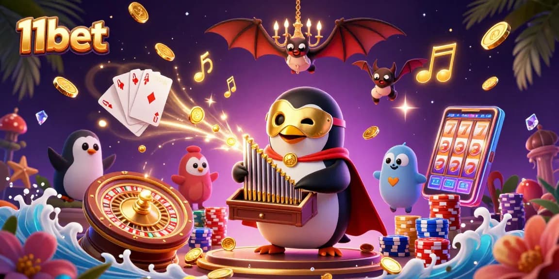 Join the fun at 11bet with a 3D casino scene featuring unique characters and thrilling games.