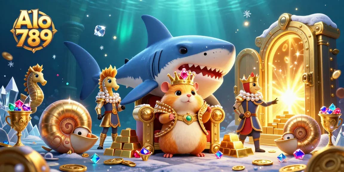 Alo 789 showcases an exciting scene of a golden hamster king on a megalodon throne amidst treasures, inviting gamblers.