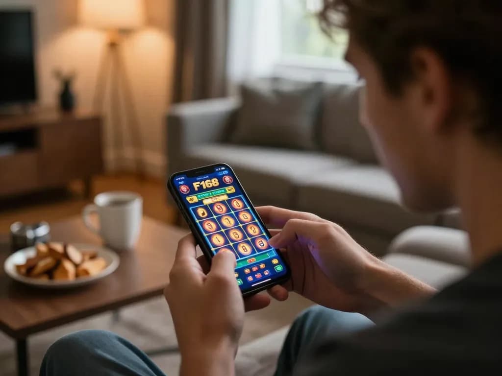 Player enjoying a thrilling slot game on the F168 casino app in a cozy setting
