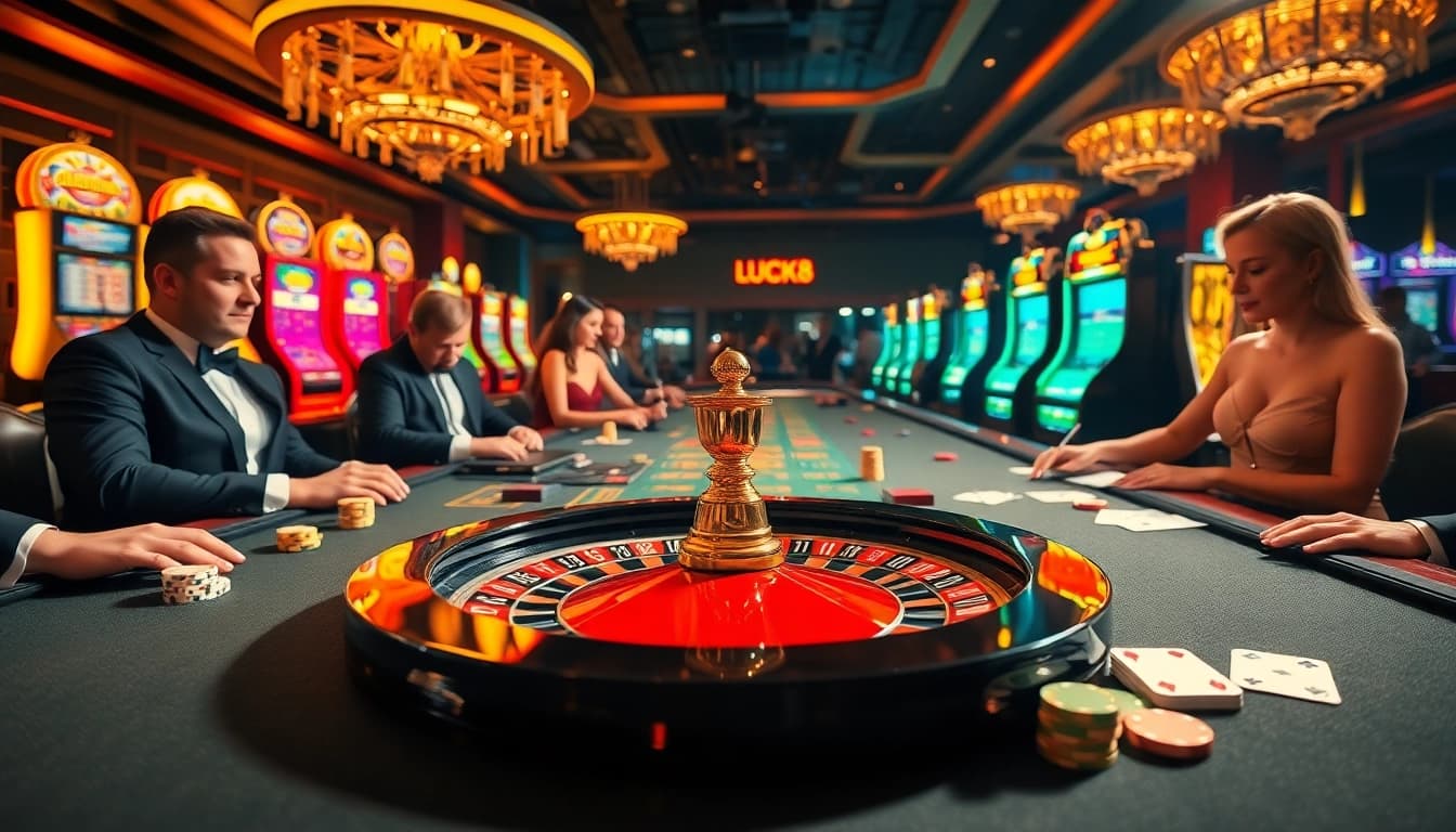 Engaging players at LUCK8 place bets at an elegant roulette table filled with chips and poker cards.