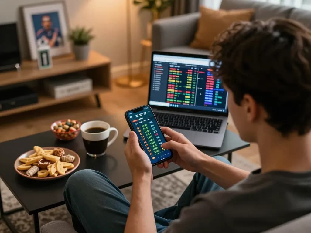Persona che utilizza uno smartphone per siti scommesse non AAMS, analizzando le quote e piazzando scommesse in un'accogliente stanza da soggiorno.