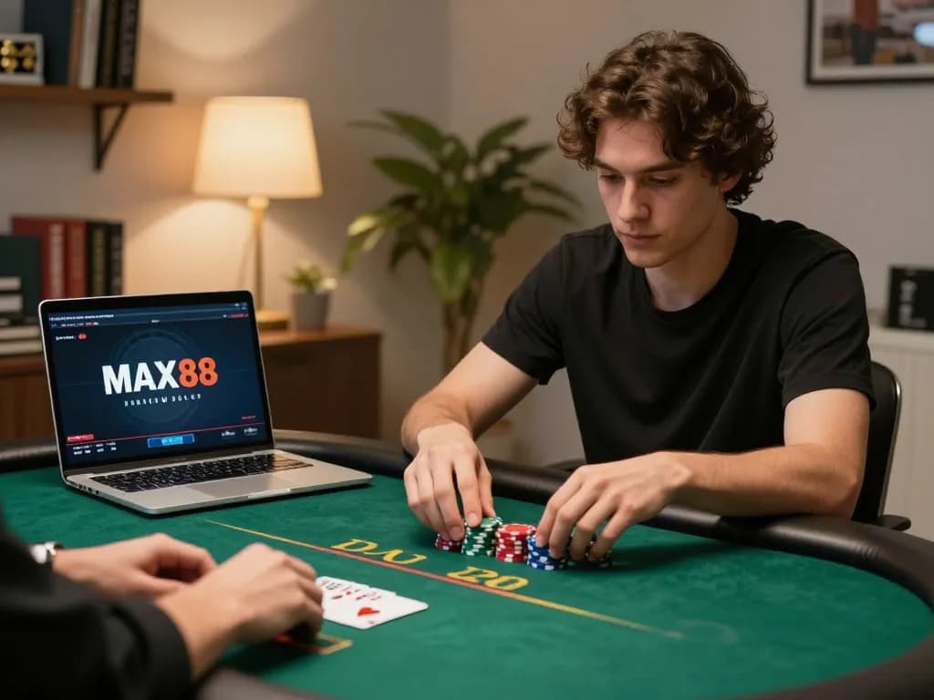 MAX88 online poker player focused on a laptop, showcasing strategic gameplay at home.