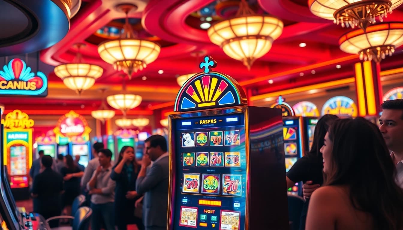 Slot gampang menang menampilkan mesin slot cerah dengan pemain bersemangat di kasino.