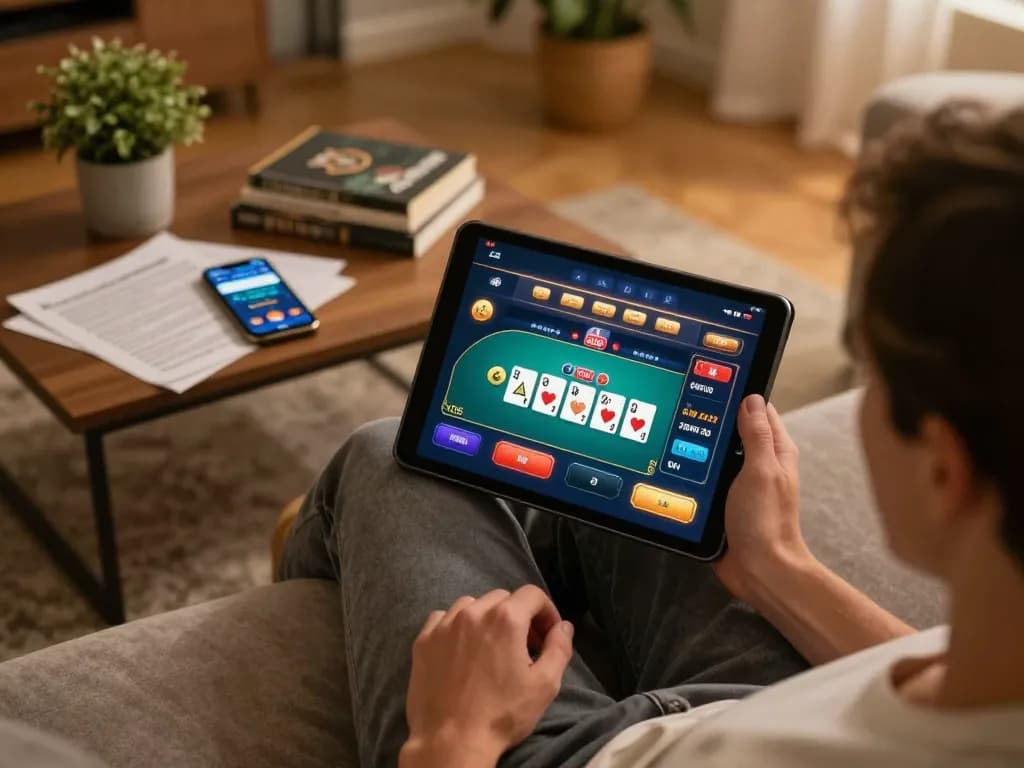 Enjoying RIKVIP poker game on tablet from a cozy home setting, reflecting casual yet strategic gambling.