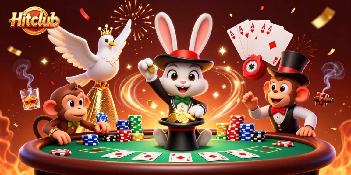 Hitclub's magician rabbit showcases winning poker strategies and thrilling gameplay in a vibrant casino scene.