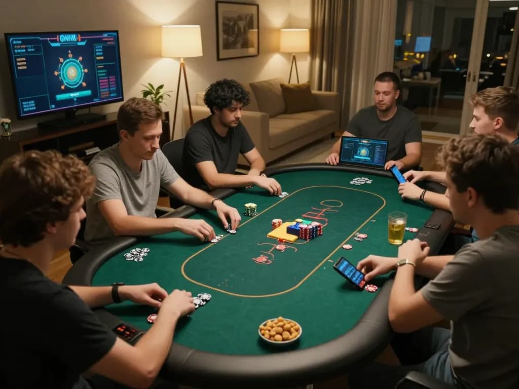 Players strategizing in an online poker game at home showcasing go99 gaming experience