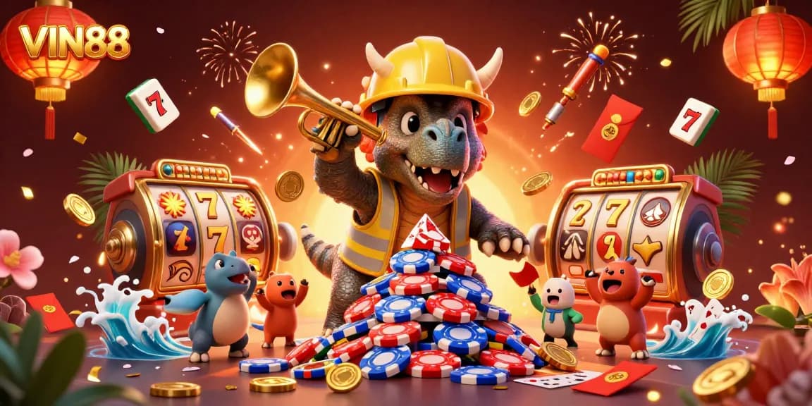 Engage with VIN88's thrilling slot experience featuring celebratory characters and dynamic casino elements.