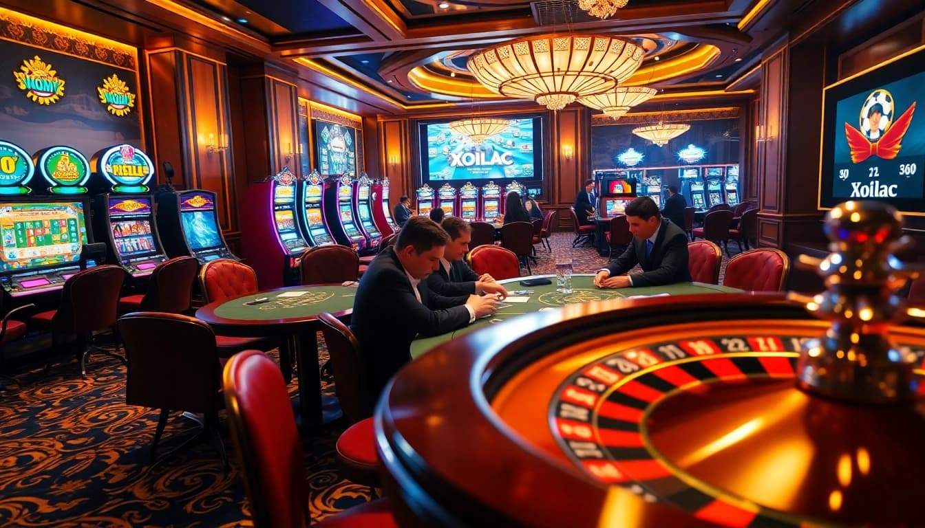 Xoilac sports betting experience at a luxurious casino poker table with excited players.