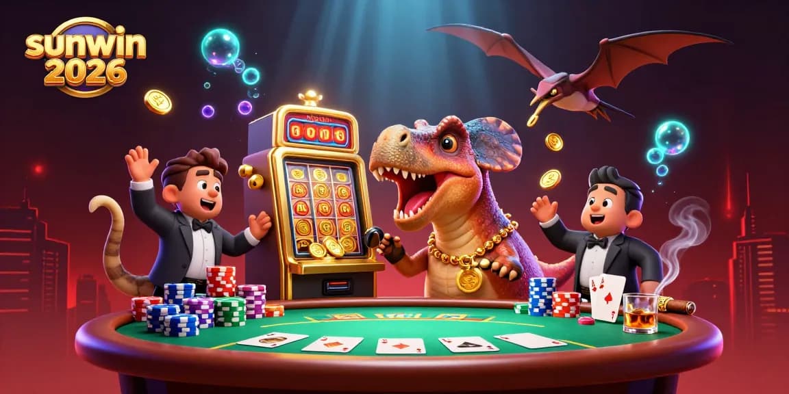 Experience big wins with sunwin 2026 as characters play lively casino games amidst flying coins and excitement.