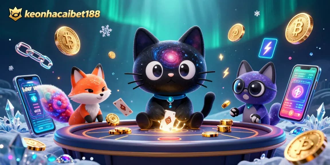 Engage with keonhacaibet188 at a vibrant cosmic casino featuring animated characters and digital treasures.