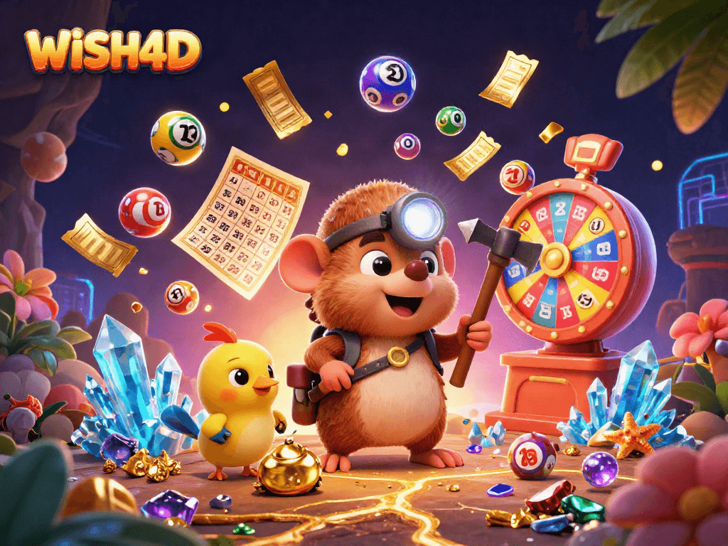 Experience WISH4D's vibrant lottery scene with a treasure hunter mole, dynamic prizes, and excitement.