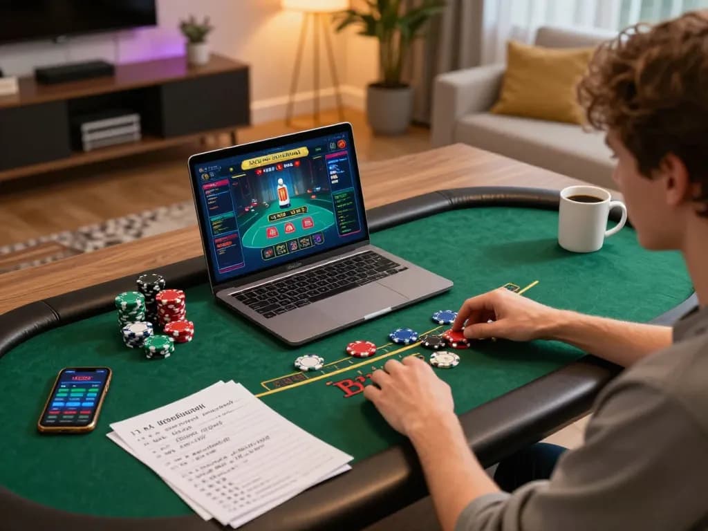 Engaging in a live blackjack game online with 79king, featuring strategic notes and a stylish setup.