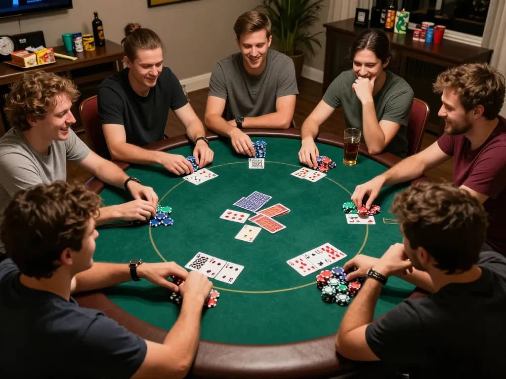 Players enjoying a home poker game night with nhà cái fly88 theme and colorful chips on the table