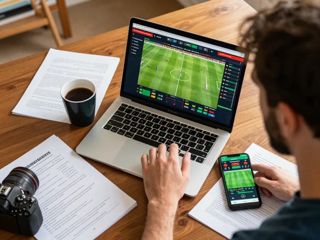 Engaged user analyzing Keo nha cai odds on laptop and smartphone in cozy workspace