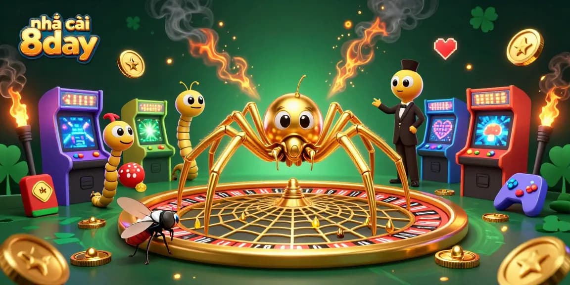 Engage with nhà cái 8day in a vibrant 3D casino scene featuring a spider and interactive gameplay elements.