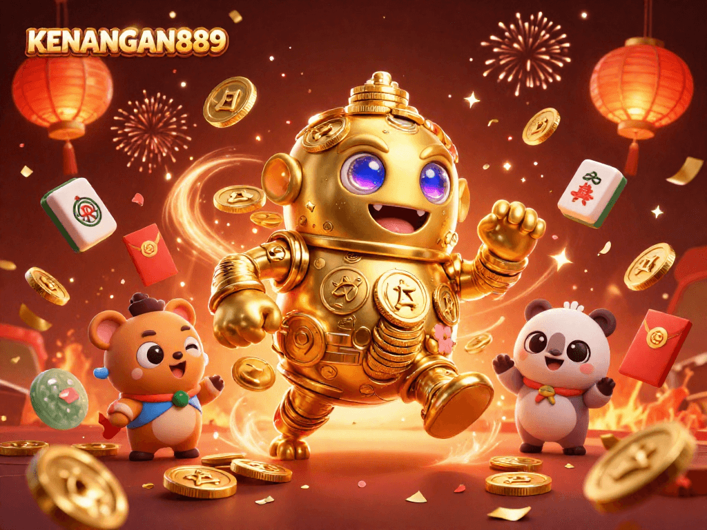 Experience the vibrant excitement of KENANGAN889 with dynamic gaming elements and a golden golem mascot.