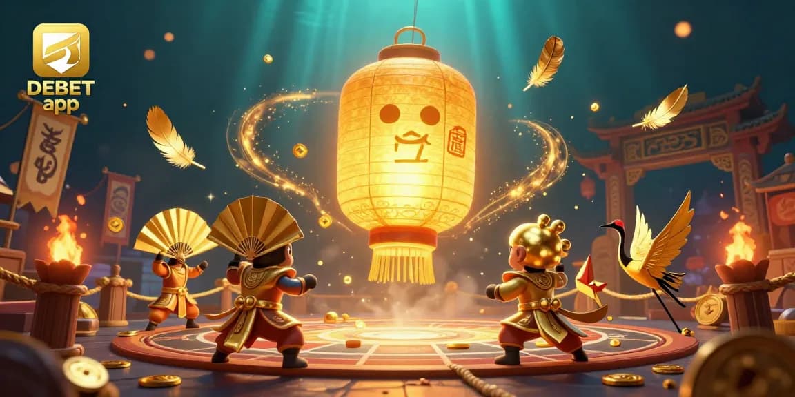 Experience the exciting DEBET app with a golden lantern spirit at the casino, surrounded by enchanting elements.