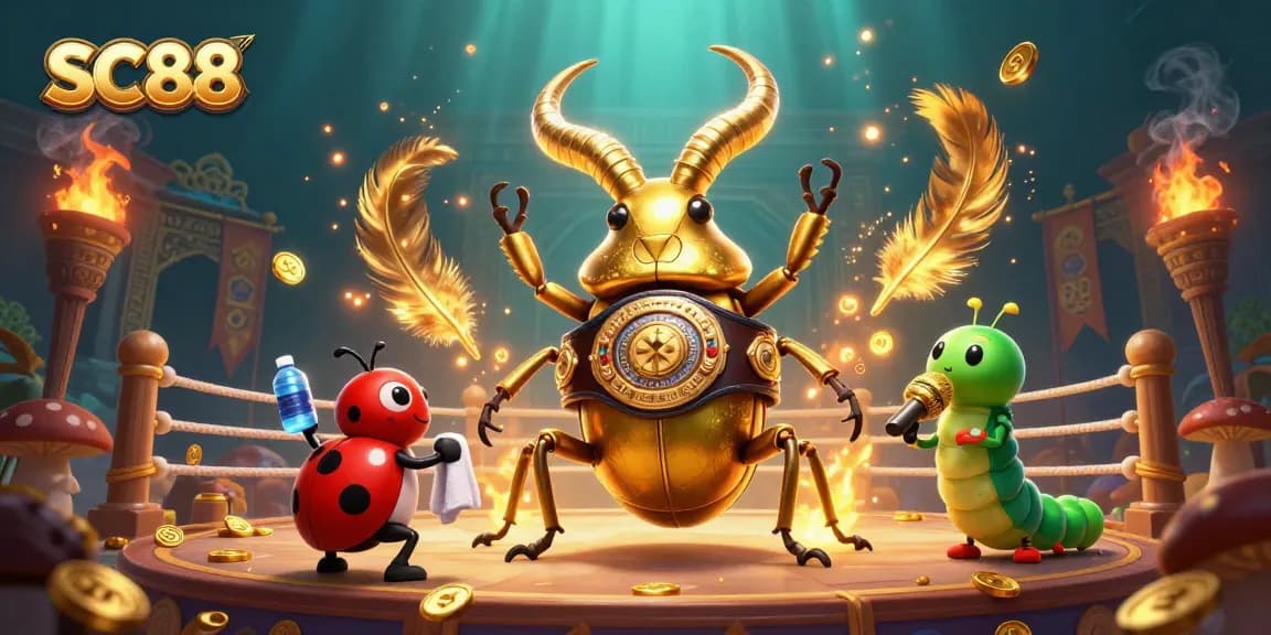 Engaging SC88 casino scene with a golden stag beetle boxing champion and vibrant gambling elements.