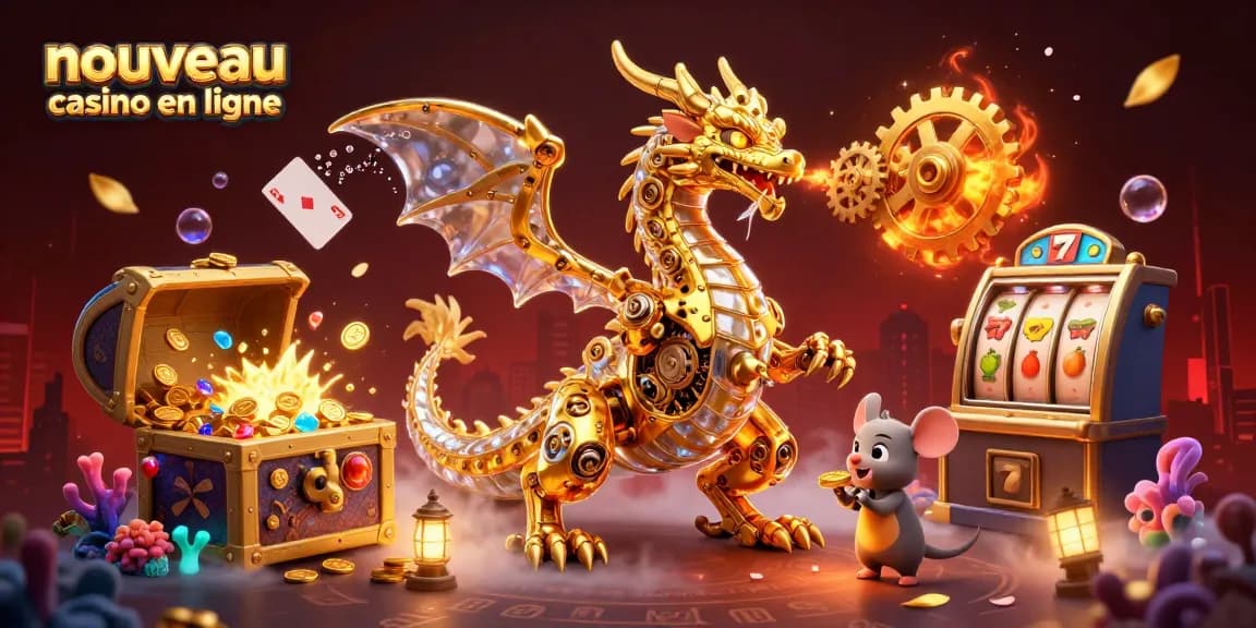 Jouer dans un nouveau casino en ligne captivant avec un dragon mécanique, des trésors et des éléments de jeu.