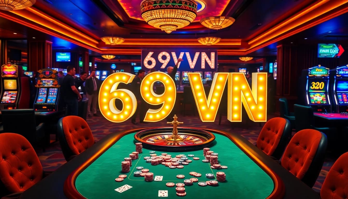 Experience a thrilling gaming atmosphere at 69VN's high-end casino with vibrant poker tables and illuminated signs.