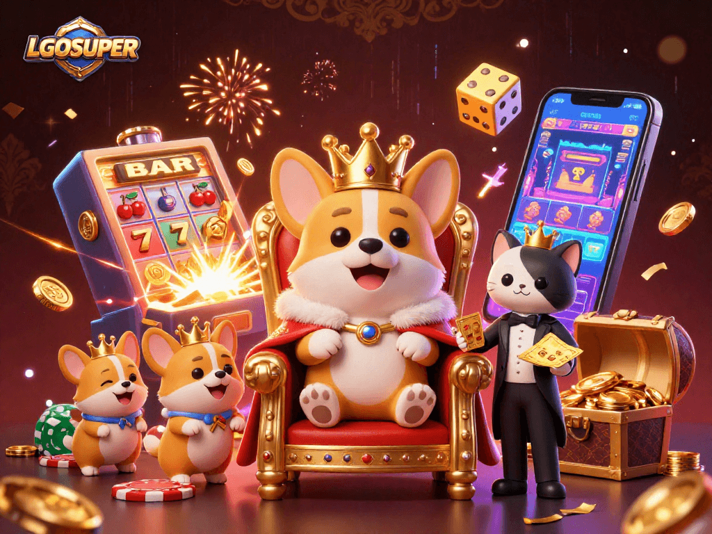 Experience the thrill of gaming with LGOSUPER, featuring a royal corgi on a jackpot throne.