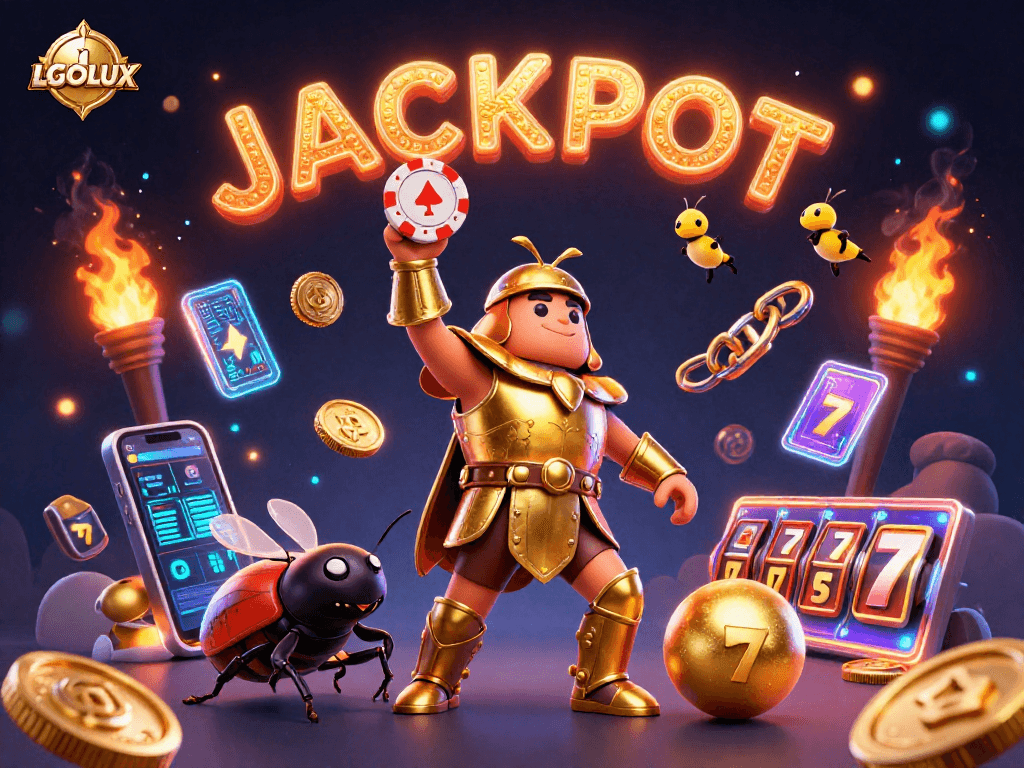 Celebrate a jackpot win with LGOLUX's 3D insect characters in a vibrant casino setting featuring cryptocurrencies.