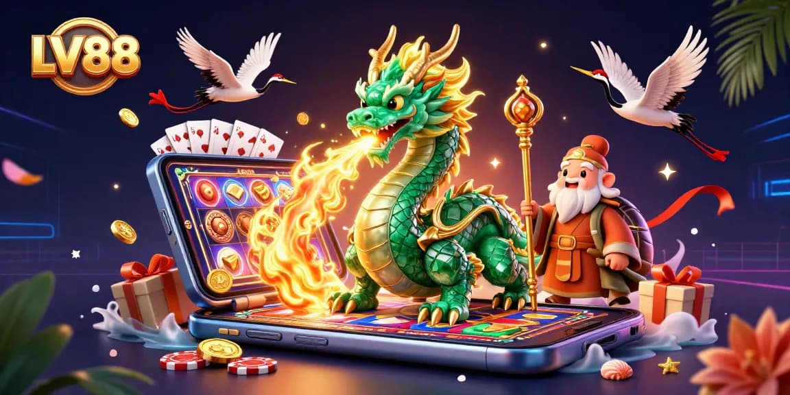 Experience the excitement of LV88 through vibrant slots, dragons, and more in this dynamic casino-themed illustration.
