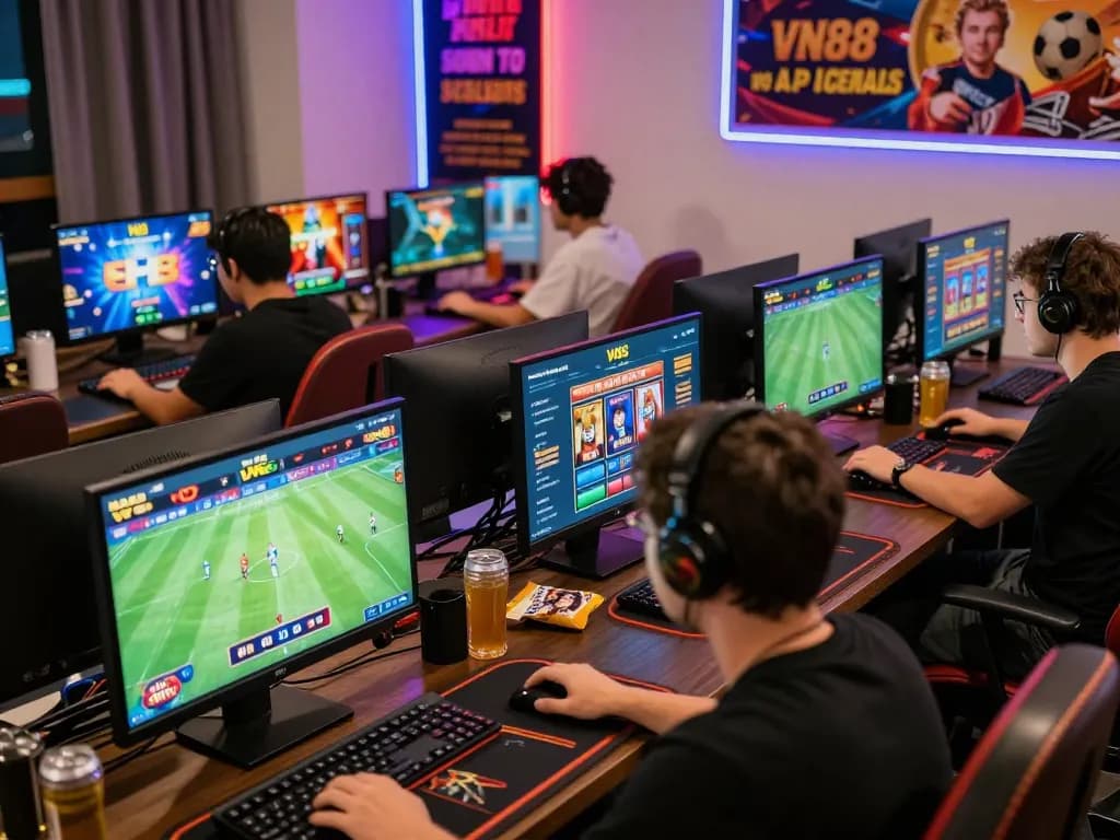 Engaged players exploring VN88 online gambling platform with vibrant visuals of sports betting and casino games.
