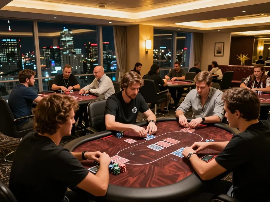 Players at high-stakes poker tables strategizing their moves at five 88 gaming venue.