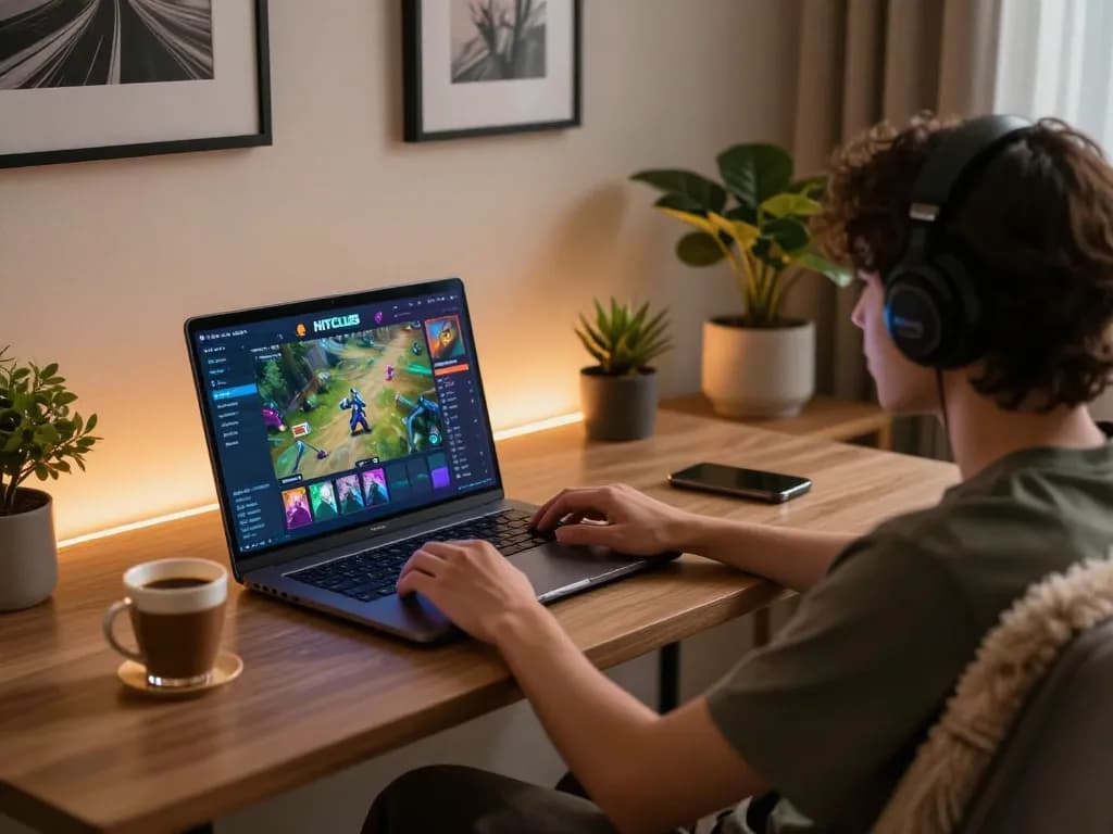 The cổng game HITCLUB shown on a modern laptop screen, inviting home gaming atmosphere.