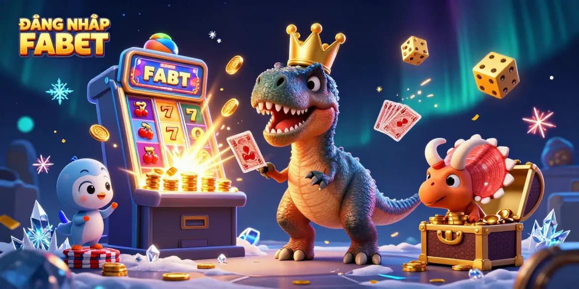Engage with ĐĂNG NHẬP FABET through this vibrant 3D illustration of friendly dinosaurs playing casino games.