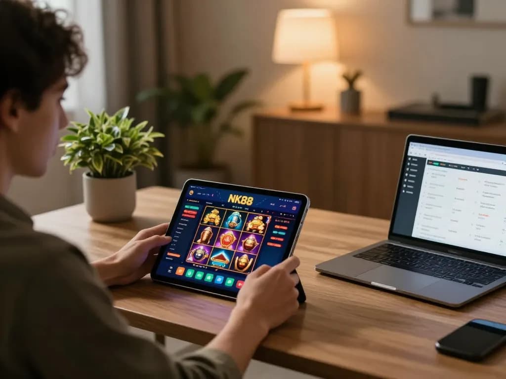 Engaging user enjoying NK88 online gaming experience on a tablet in a cozy and strategic setting