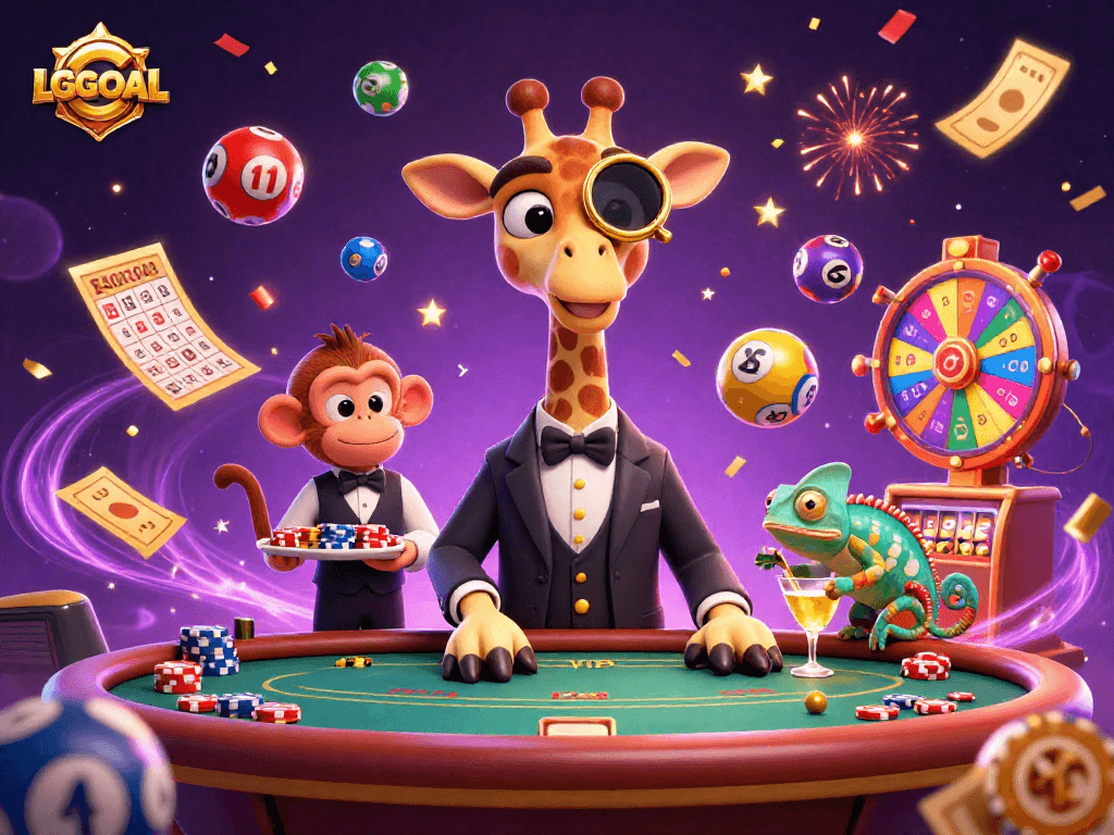 Experience LGOGOAL's vibrant casino scene with slots, lottery balls, and playful 3D characters.