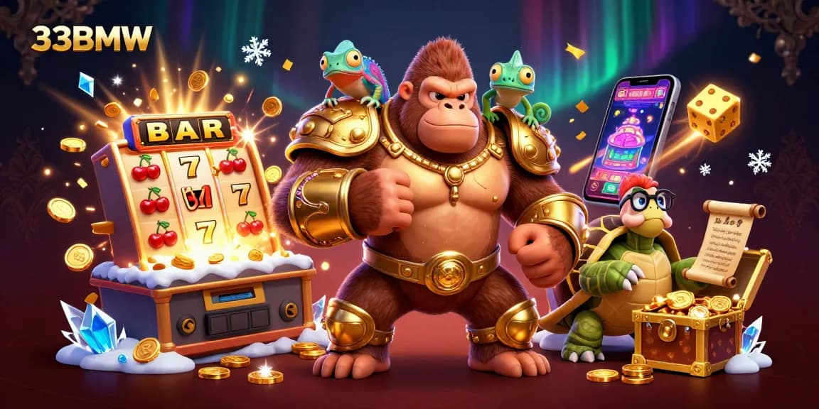 Experience thrilling gameplay at 33BMW with a golden gorilla king and dynamic casino elements.