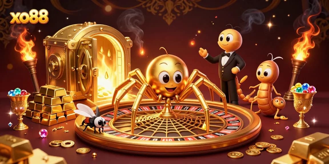 Spin to win at xo88 with a golden spider and croupier in a vibrant casino scene.