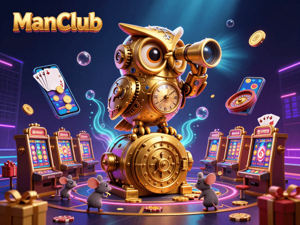Experience thrilling casino action at ManClub, showcasing a golden owl and games galore.