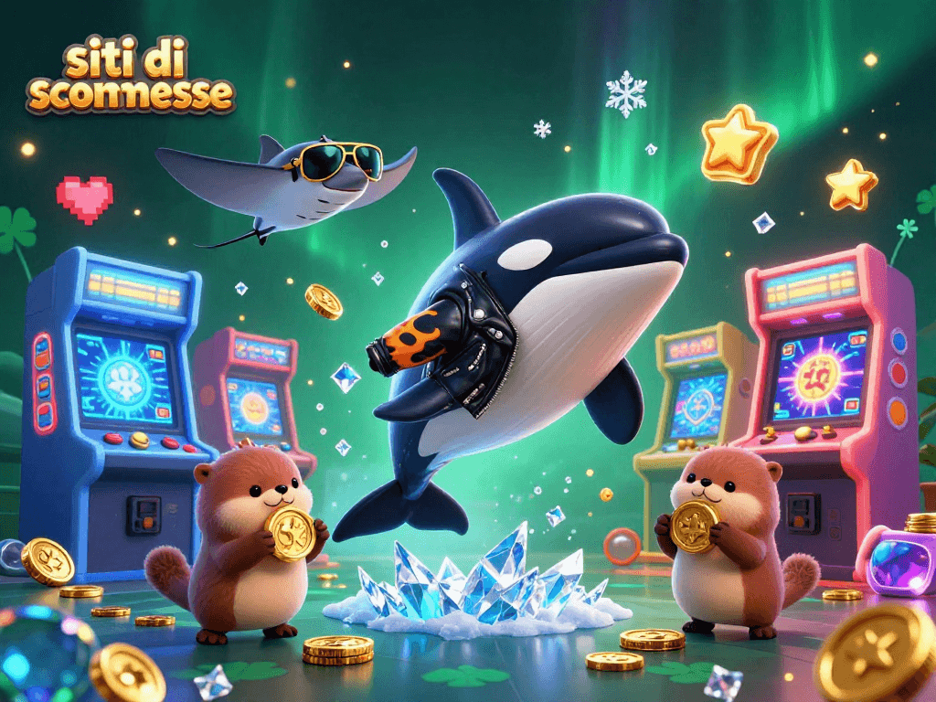 Gioca nei migliori siti di scommesse con questa vivace scena 3D di animali marini e giochi d'azzardo.