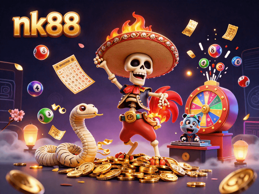 Experience nk88's thrilling lottery action with a vibrant scene of cartoons and prizes!