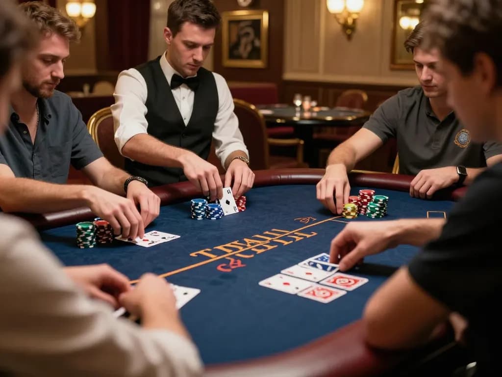 Nhatvip poker game action with players focused on cards and dealer managing bets.