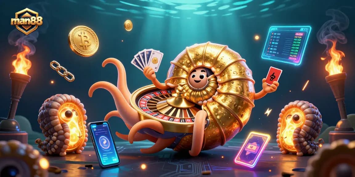 Join man88's vibrant casino scene as the giant nautilus spins a roulette wheel!